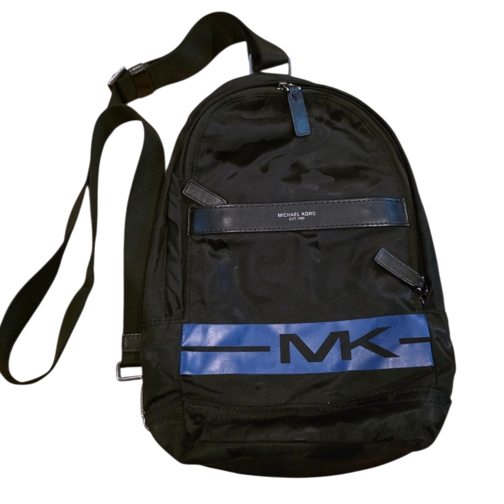 Michael Kors Nylon Sling Backpack with Blue MK Stripe